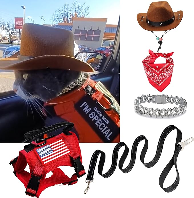 Tactical Cat Harness and Leash for Walking Escape Proof, Adjustable Cat Vest Harness Easy Control with Pet Cowboy Costume for Cat, Puppy and Small Dog (Red and Black)