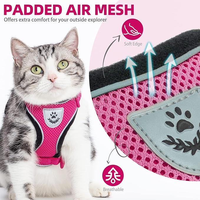 PUPTECK Cat Harness and Leash Set Escape Proof Reflective Cat Walking Harness Adjustable Soft Breathable Mesh Vest for Small Pets, Deep Pink, S