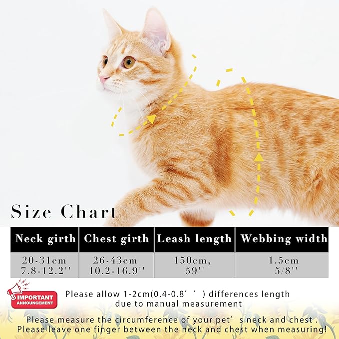 Cat Harness and Leash Set, Adjustable Kitten Harness Escape Proof Cats Harness, Soft Lightweight Walking Travel Pet Harness, Cute Kitty Harness Leash Set for Small Medium Cats, Yellow Sunflower