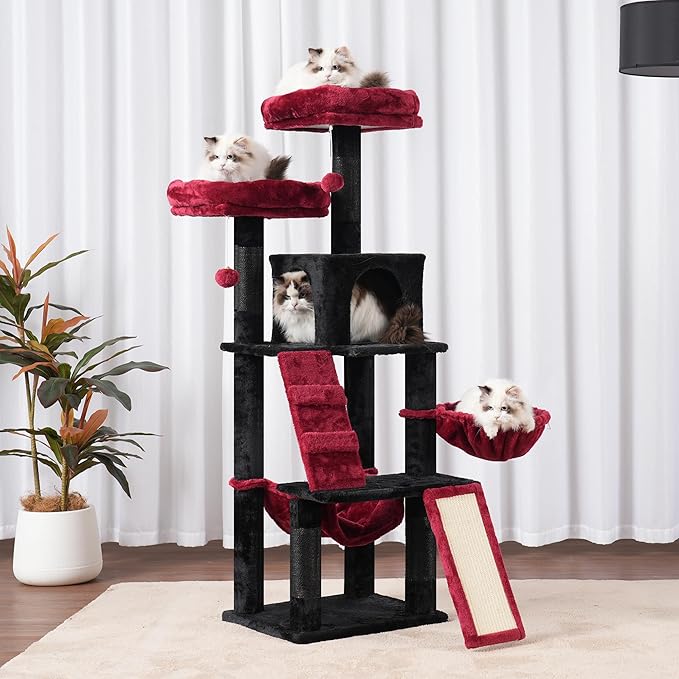 Heybly Gothic Cat Tree, Halloween Cat Tower for Indoor Cats,Multi-Level Cat Furniture Condo for Cats with Padded Plush Perch, Cozy Basket and Scratching Board,Black and Red HCT014BR