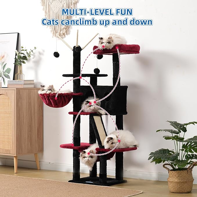 Hey-brother Gothic Cat Tree, 53 inch Cat Tower for Indoor Cats, Cat House with Padded Platform Bed, Toy Balls, Large Cozy Condo, Hammocks and Sisal Scratching Posts, Black and Red MPJ019SBR
