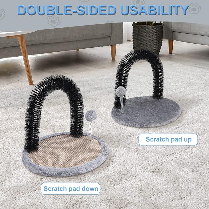 Cat Scratching Post with Cat Arch,Cat Self Groomer Massager Hair Brush Cat Scratcher Toys Fur Grooming Toy with Interactive Balls for Indoor Cats- Reversible Design