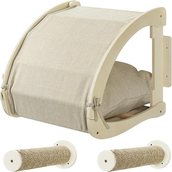 Navaris Cat Bed with Steps for Wall - Wall Cat Bed with Removable Cushion - Wall-Mounted Cat Hideout Made Out of Linen - Wall Cat Furniture