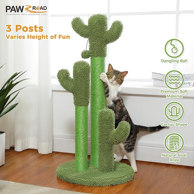 PAWZ Road Cat Scratching Post Cactus Cat Scratcher Featuring with 3 Scratching Poles and Interactive Dangling Ball - 35 Inches