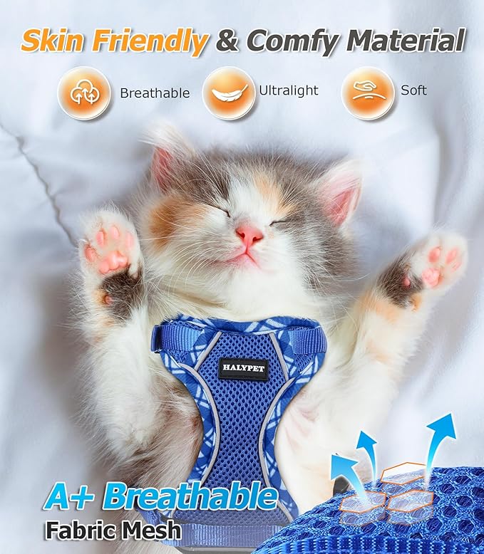 Halypet Cat Harness and Leash Set [H500 Pro Escape Proof Cat Harness for Walking, Adjustable Breathable Soft Travel Cat Leash, Reflective Strips Kitten Harness