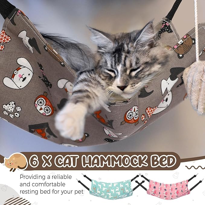 Barydat 6 Pcs Reversible Cat Hammock Bed 18.9 x 15 Inch Soft Breathable Pet Cage Hammock with Adjustable Straps Ferret Hammock Double Sided Cat Hammock Hanging for Kitten Puppy or Small Pet (Fabric)