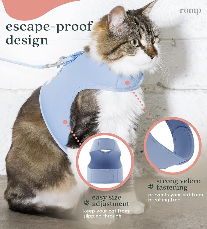 Cat Harness, Collar & Leash Set - Escape Proof Adjustable Choke Free Velcro Harness Vest for Walking Cats & Kittens (Cotton Blue, Small)