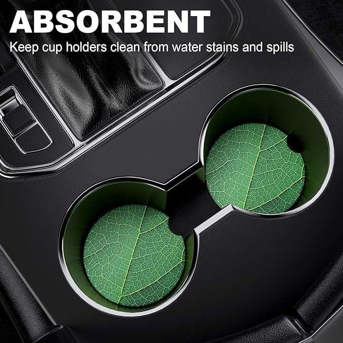 2 Pack Car Cup Holder Coaster, 2.63 inch Anti Slip Insert Absorbent Ceramic Car Coaster with Cork Base and Finger Notch, Cute Car Accessories Interior for Women, Cute Car Coasters., CH0025