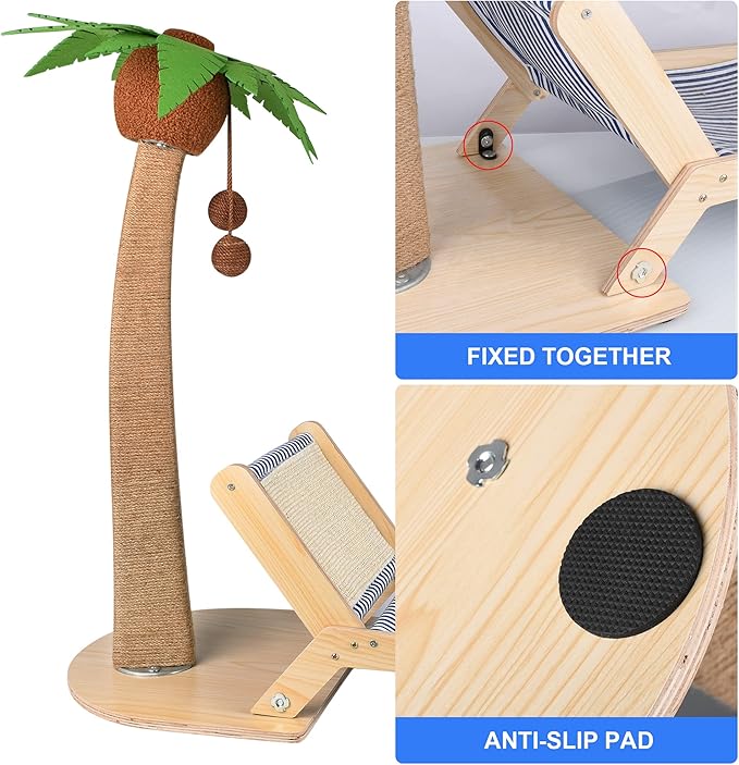 Cat Scratching Post with Bed,29.5 Inch Tall Palm Tree Cat Scratching Post for Indoor Cats, with Lounge Chair 2 in 1 Fun Sisal Rope Tall Cat Scratcher with Ball for Indoor Adult Cat/Kitten
