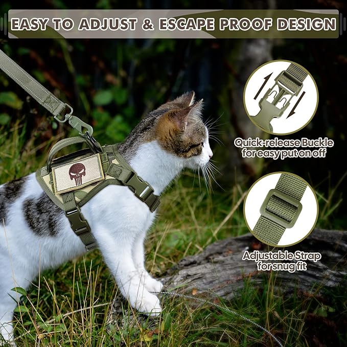 Tactical Cat Harness and Leash, Escape Proof Large Cat Walking Vest,Adjustable Soft Mesh Pet Vest Harness with Control Handle, Molle Patches