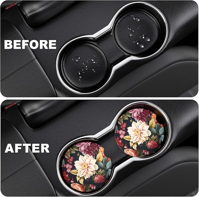 2 Pack Car Cup Holder Coasters, 2.63 inch Anti Slip Insert Absorbent Ceramic Coasters with Cork Base and Finger Notch, Cute Car Accessories Interior for Women