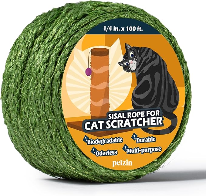 Natural Sisal Rope for Cat Scratcher 1/4 Inch by 100 Feet, Cat Tree Rope Twine for Cat Scratching Post Replacement, Cat Tower with Scratch Post Repairing, Replace, Recovering and DIY, Green