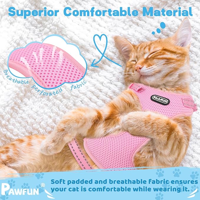 Fully Escape Proof Cat Harness and Leash Set for Walking, Adjustable Soft Kitten Vest with Reflective Strip for Small Medium Large Adult Cats, Breathable Kitty Harness,Pink M