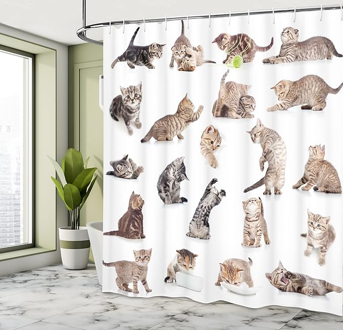 Ambesonne Cat Shower Curtain, Illustration of Funny Playful Cats on Plain Background Animals Kitten Pattern, Cloth Fabric Bathroom Decor Set with Hooks, 69" W x 70" L, Brown Black
