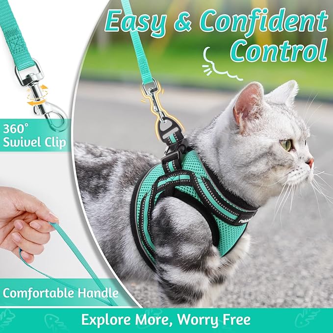 rabbitgoo Cat Harness and Leash Set for Walking Escape Proof, Adjustable Soft Kittens Vest with Reflective Strip for Cats, Comfortable Outdoor Vest,Green,L