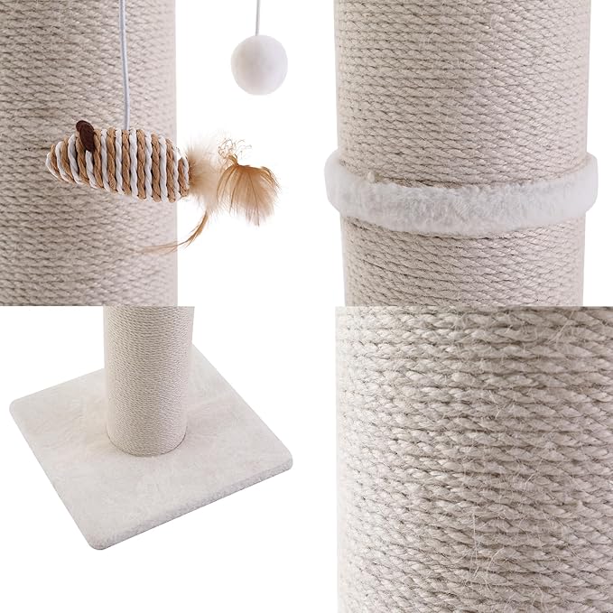 Cat Scratching Post, 32 Inch Large Cat Scratch Post for Adult Cats and Kittens, Nature Sisal with Hanging Toys, Modern Cat Scratcher for Indoor Cats, Protect Your Furniture, Beige