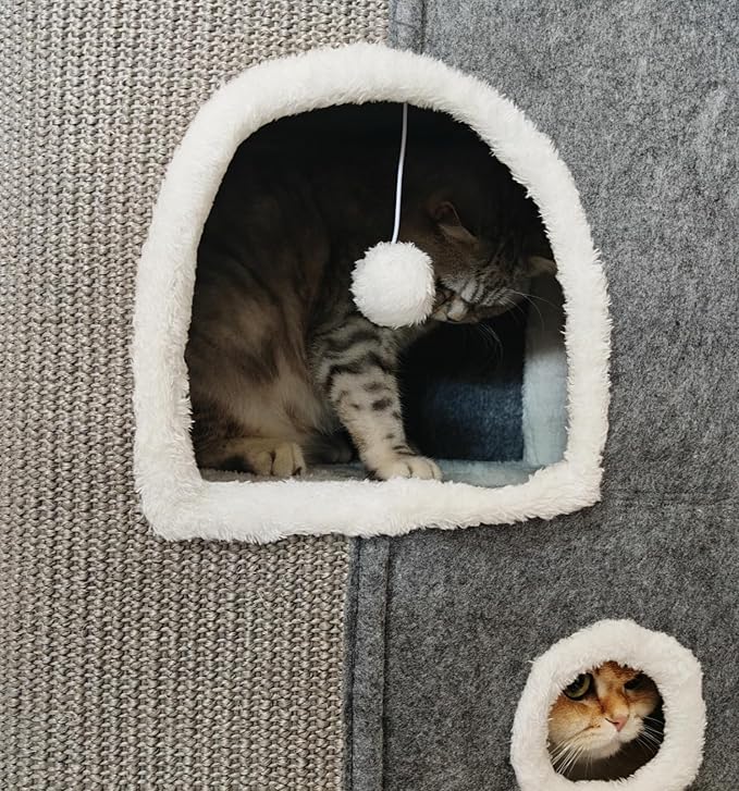 4-Level Cat House for Indoor Cats, Large Adult Cat Cave Bed Cats Cube House with Scratch Pad Cat Towers, Cute Kitten Condo Hideaway Hut with Soft Pillow Mat for Multi Pets Under 55 lbs