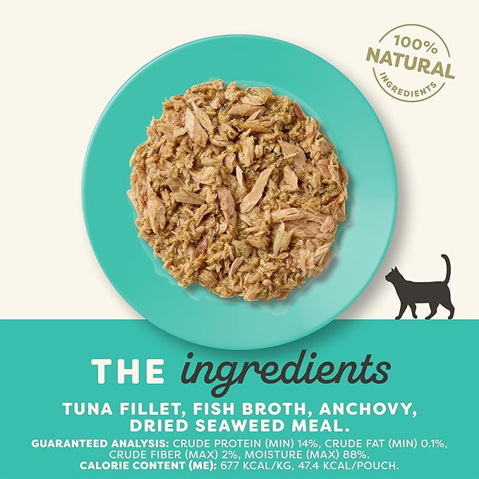 Applaws Natural Wet Cat Food in Broth, Limited Ingredient Wet Cat Food Pouches, No Additives, Made with Natural Ingredients, Tuna with Anchovt & Seaweed in Broth (12 x 2.47oz Pouches)