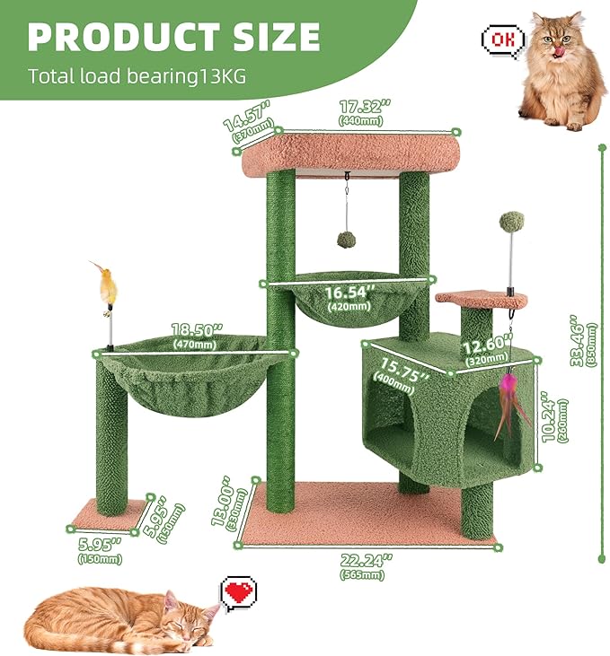 YOUPET 33.46" Cactus Cat Tree Tower with Cat Condo and Scratching Post for Indoor Cats, Activity Center Cat Furniture with Two Big Hammock and Spring Toy Balls, Green