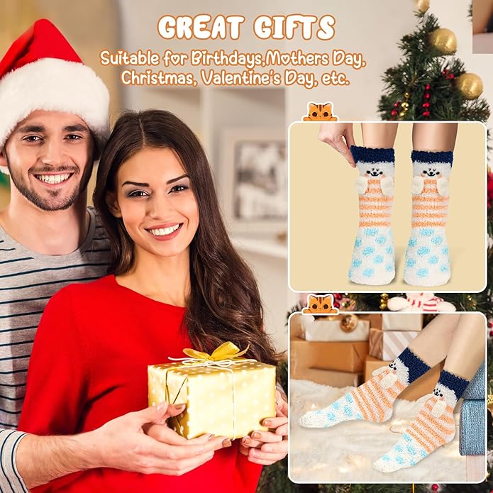 3-6 Pairs Womens Fuzzy Socks Cozy Fluffy Slipper Socks Cute Soft Cat Animal Winter Warm Sleep Socks Gifts