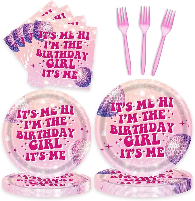 96 Pcs Birthday Plates and Napkins Party Supplies - Disposable Forks Paper Dessert Tableware Its Me Hi Im The Birthday Girl Its Me Decorations Table Dinnerware Favors Set, Serves 24