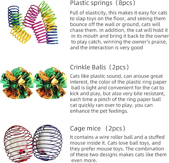 38Pcs Cat Toys,Plastic Springs,Catnip Fish,Plush Balls,Bell Balls,Mice cage Balls,Crinkle Balls,Catnip Balls,Silvervine and Mice Cat Toys,Bite,Hunt,Indoor Cat Toys