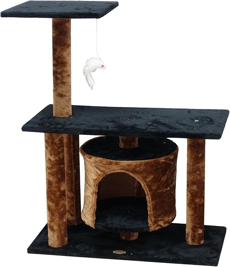 Go Pet Club Everyday Value 38in Cat Tree Kitty Scratcher Tower Kitten Condo House Furniture with Hanging Toy for Indoor Cats, Brown/Black