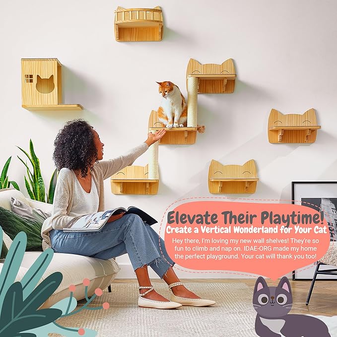 IDAE Cat Wall Shelves Set of 9, Cat Wall Furniture for Large Cats - Modern Cat Shelves and Perches, Wall Mounted Cat Climber with House, Steps, Scratcher - Natural Wood Climbing Shelf for Indoor Cats