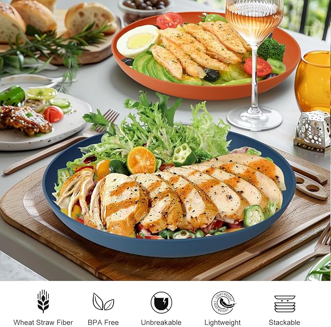 11 Inch Large Wheat Straw Plates 8 Pieces, Unbreakable Dinner Plates Reusable Plastic Plates Alternatives, Microwave Safe Plates for Kitchen, Plates Set of 8 (Multicolor)