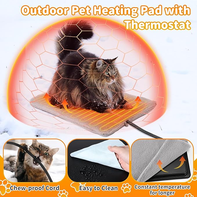 Outdoor Pet Heating Pad with Thermostat, 30W 15.7x12.6 In Extreme Weather Cat Pad, Waterproof Outdoor Warming Pet House Mat, Indoor Outdoor Cat Dog Heated Bed with Antibite Cord for Winter Insulated