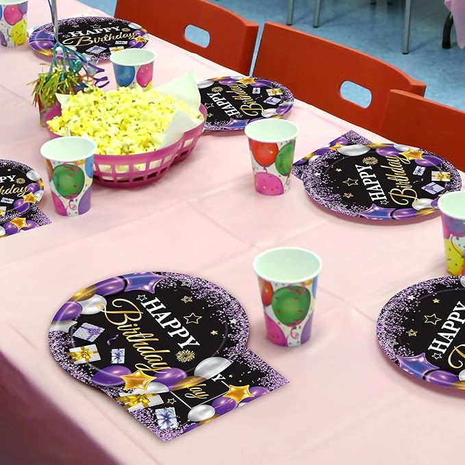 96 Pcs Purple Party Plates and Napkins Decorations Tableware Set Supplies Disposable Paper Dessert Birthday Table Dinnerware Favors Set, Serves 24 Guests