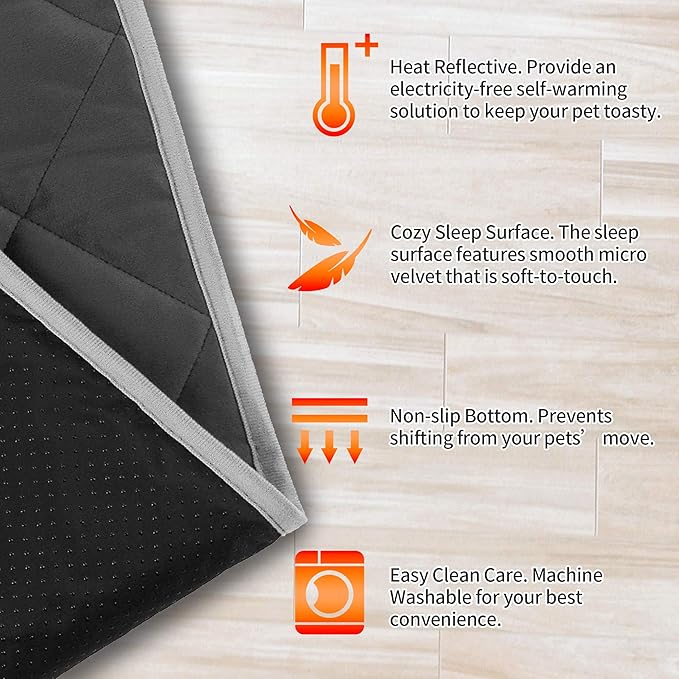 NWK Self Warming Thermal Pet Mat for Dogs and Cats, Body Heat Reflecting Cat Bed Mat, Washable, for Sofa & Crate & Kennel & Car Seat (19’’ X 28’’, Black)