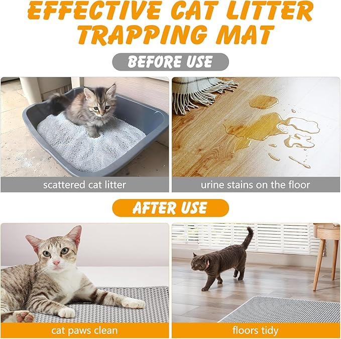 30x24 Inch Cat Litter Mat Double Layer Non-Slip Odor-Free Litter Box Mat,Waterproof and Urine Proof Litter Mat,Scatter Control, Less Waste,Easier to Clean(Gray)