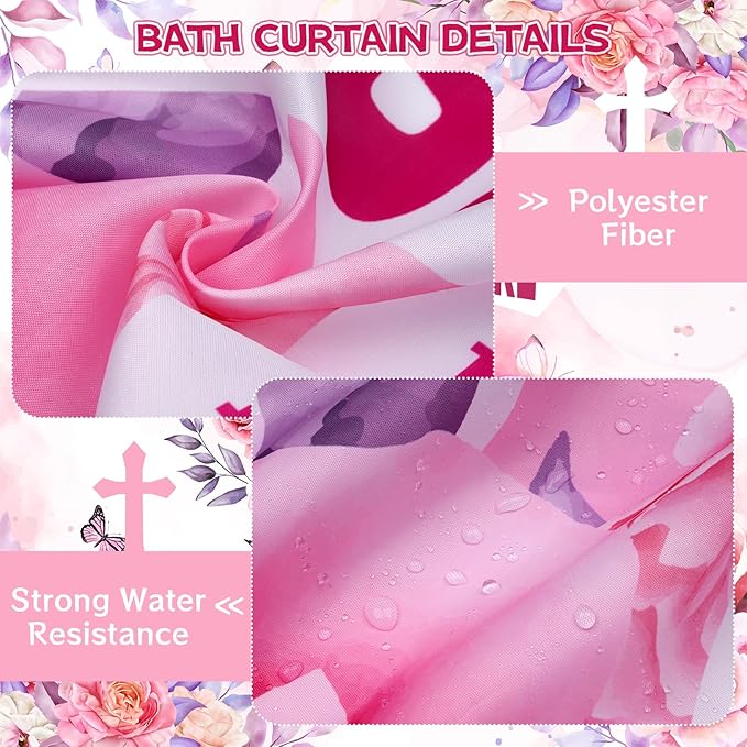 4 Pcs Pink Butterfly Inspirational Quotes Shower Curtain Set with Rugs and Toilet Lid Cover, Waterproof Fabric Bathroom Set for Women Girls, Bible Verse Floral Bathroom Decor with 12 Hooks