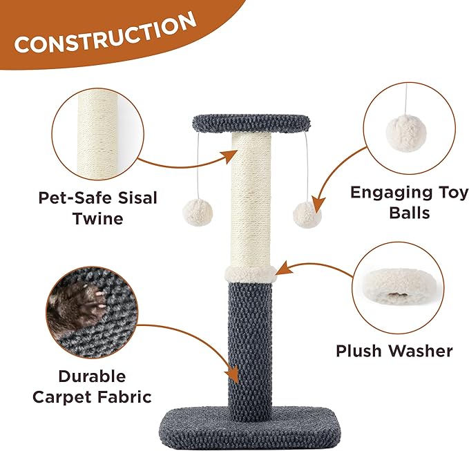 Lesure Cat Scratching Post for Indoor Cats - Highly Resistant Carpet Scratch Posts, Premium Sisal Rope Scratch Posts for Kittens, Sturdy Small Cat Scratch Pole with Hanging Ball, Grey(22.5 inch)