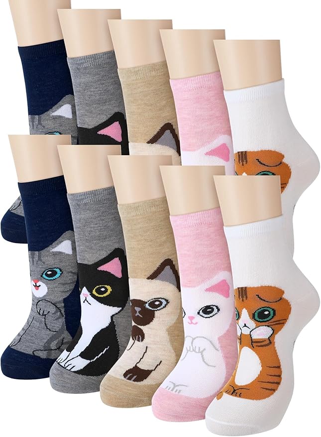 5 Pairs Women Cat Socks Cute Animal Pattern Socks for Women Funny Kitty Ankle Sock Ladies Soft Cotton Gift Socks