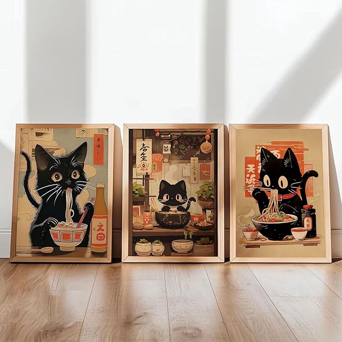 3pcs Funny Japanese Black Cat Canvas Wall Art Vintage Animal Posters Prints Edo Period Ramen Cat Pictures Japan Quirky Cat Painting Kitchen Dining Wall Decor Animal Lover Gift 16x24in Unframed