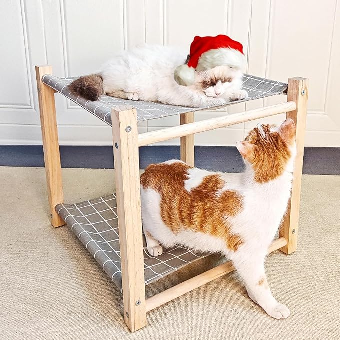 2 Layer Cat Hammock Bed for Indoor Cats, 17.0''×17.0'' Big Size Cat Hammock, Pine Wood Elevated Cat Bed, Good for All Seasons(Grey)
