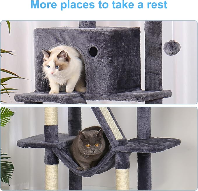 Hey-brother Cat Tree Tower, 57" Cat Tower with Scratching Posts, Multi-Level with hammocks, Toys, cat condo and Scratching Board, Smoky Gray MPJ028G