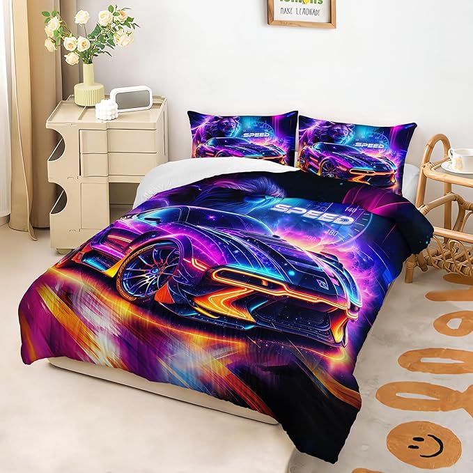 AILONEN Boys Kids Racing Car Bedding Set Queen Size,Neon Speed Car & Lion Comforter with 2 Pillowcases,3 Pieces Soft Lightweight Racer Duvet Set