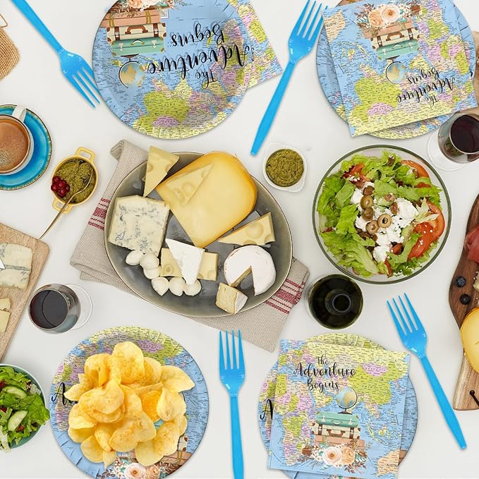 48Pcs Adventure Awaits Party Decorations, Travel Themed Party Decorations Include Disposable Forks Paper Plates and Napkins Supplies for Globe Birthday Baby Shower Graduation Decorations