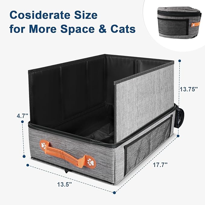17.7*13.5*13.75" Large Travel Litter Box for Cats, Collapsible Cat Litter Box with Lid, Portable Cat Box with Zipper & Hard Bottom, Leak-Proof Kitty Litter Box for Car Hotel Airplane, Water-Resistant