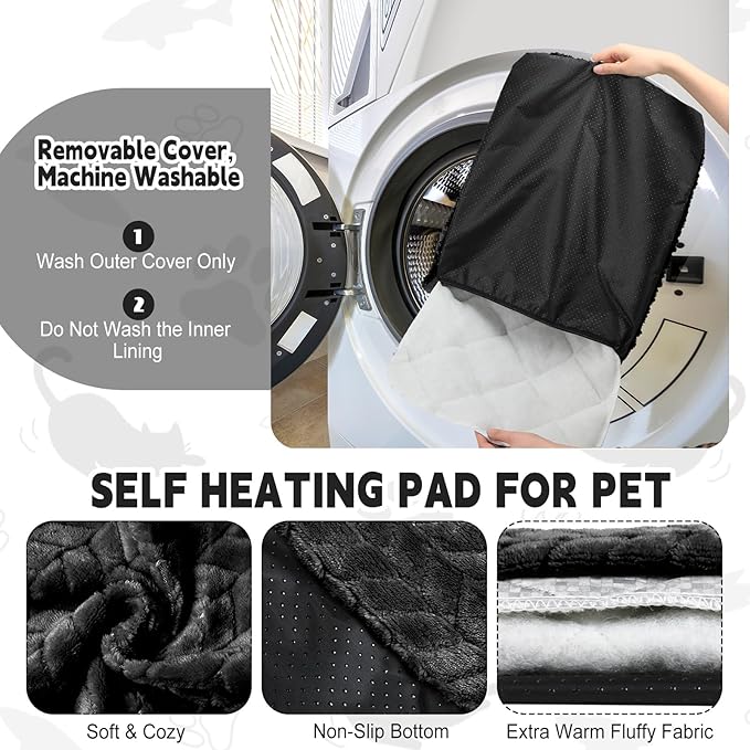 4 Pack Self Heating Cat Pad Self Warming Cat Mat Non Slip Warm Dog Bed Pad Mat Washable Pet Kennel Pad Crate Bed Mat Removable Cover Cat Blanket for Indoor Outdoor(Black,16 x 20 Inch)