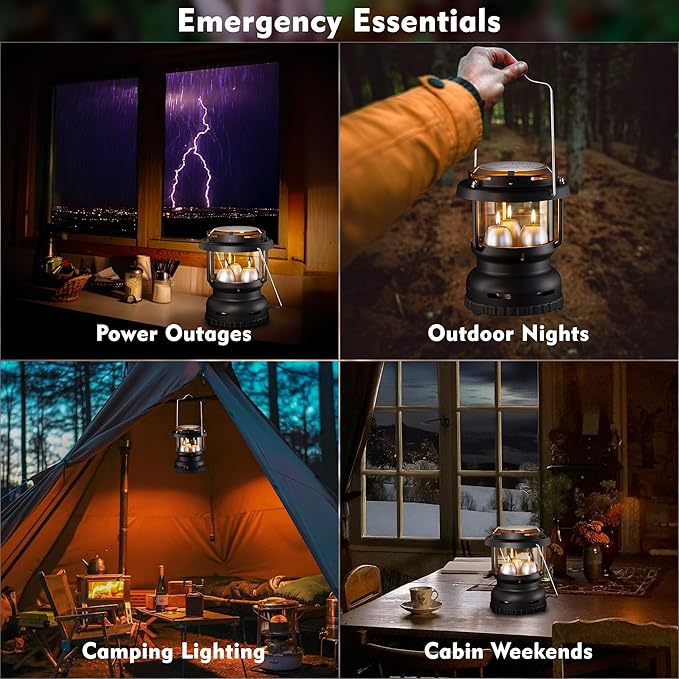 3-Wick Emergency Candle Lantern for Power Outages [18H+ Burning Time] Vintage Decorative Candle Lantern for Real Candles, Outdoor Portable Camping Survival Lighting [7.1"*5.7" - Matte Black]