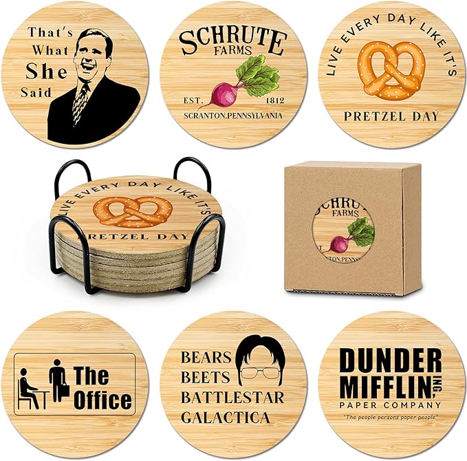 6 PCS The Office Cork Coasters for Drinks,The Office TV Show Merchandise,Funny Set with Coaster Holder,Dunder Mifflin Kitchen Decor,Michael Scott TV Themed Coasters Gifts for Fans