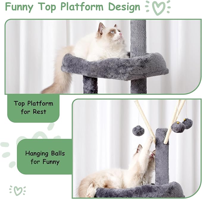Cat Tree, 63 inch Multi-Level Cat Tower for Indoor Cats, Cat Condo with Cat Scratching Post and Board, Cat Hammock, Smoky Gray GCT011G