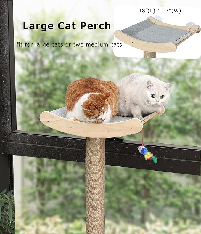 Window Cat Perch with Scratching Posts, 46" Wood Tree Bed for Large Inside Cats Climbing, Perching and Lounging, Mounted with 3 Strong Suction Cups (Wood Platform)