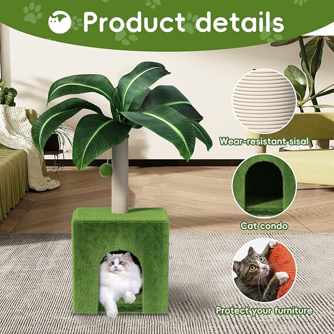 Cat Scratching Post with Condo, Palm Cat Tree Tower Natural Sisal Cat Scratcher Cat Bed Cat Furniture for Kittens and Cats