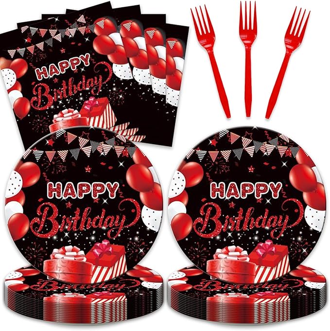 48Pcs Red and Black Happy Birthday Party Decorations for Men Women, Red and Black Balloons Pattern Birthday Decorations for Baby Shower Forks Plates and Napkins Set Party Supplies