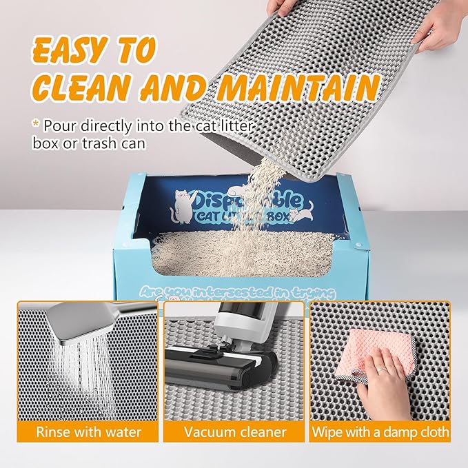 46x26 Inch Cat Litter Mat Double Layer Non-Slip Odor-Free Litter Box Mat,Waterproof and Urine Proof Litter Mat,Scatter Control, Less Waste,Easier to Clean(Gray)